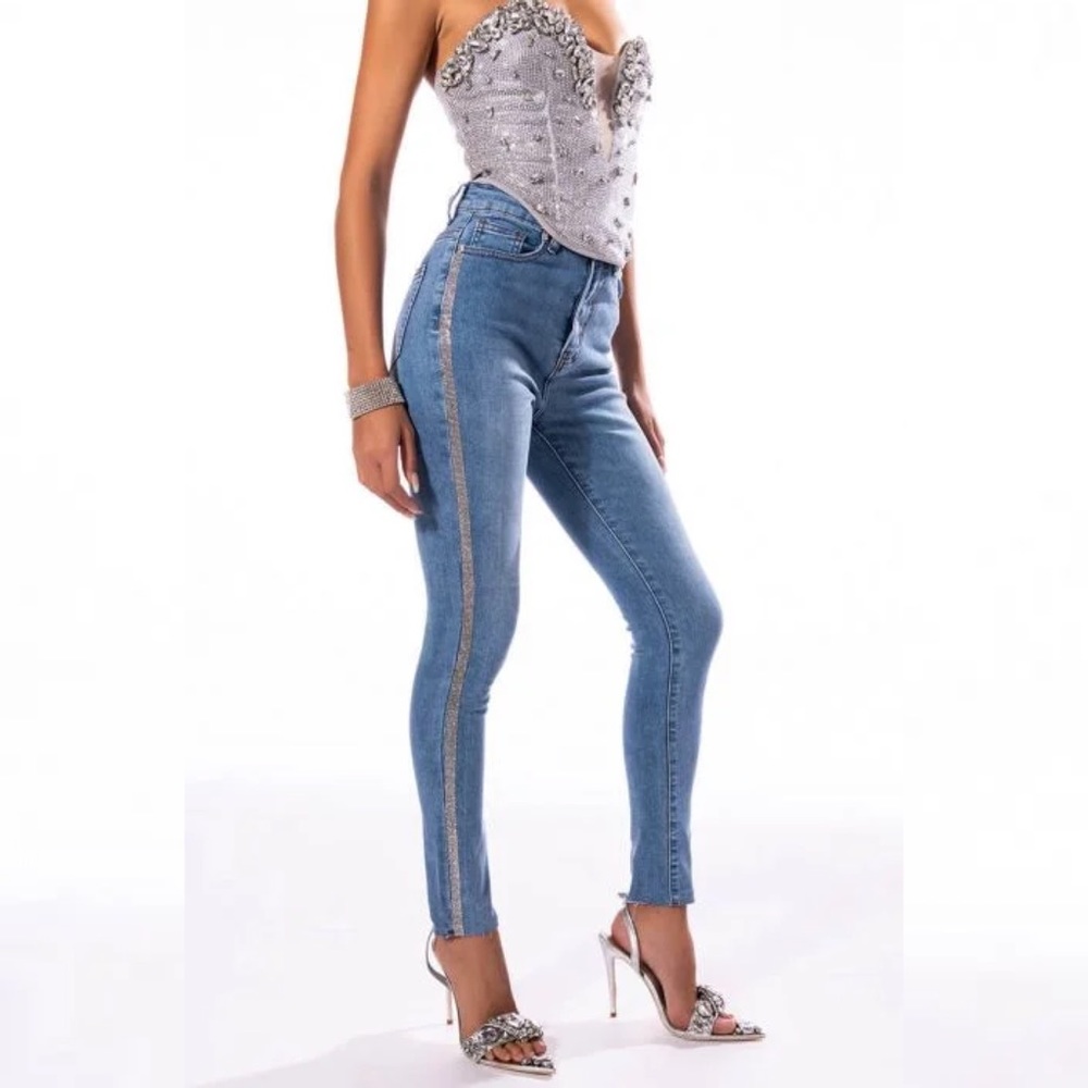 Akira Rhinestone Stripe Skinny Jeans Blue High Rise Stretch Denim Size 7 27